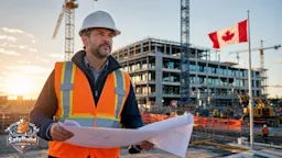 A confident construction project manager in a hard hat and hi-vis vest reviewing blueprints on a large Canadian construction site.