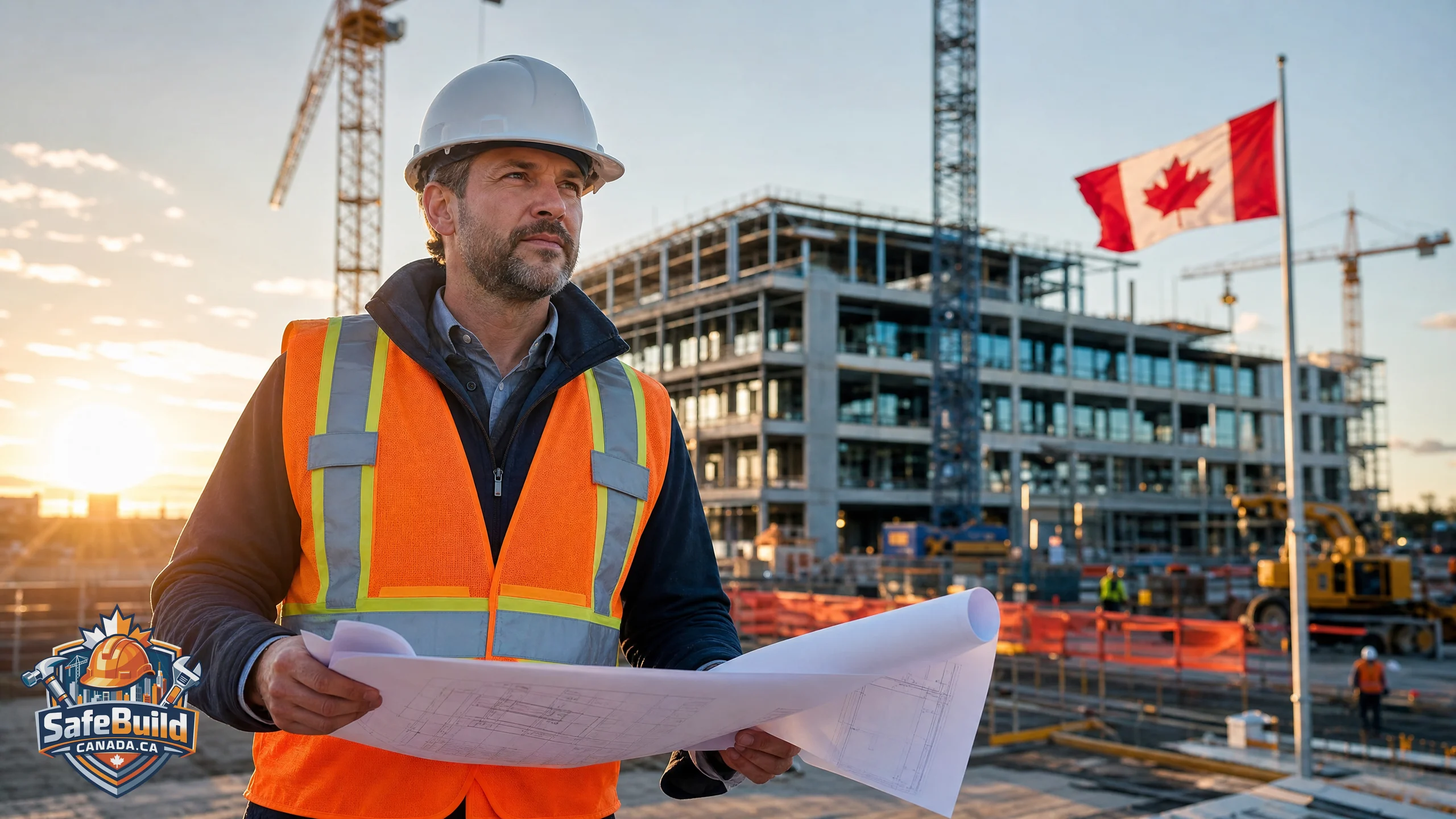 A confident construction project manager in a hard hat and hi-vis vest reviewing blueprints on a large Canadian construction site.
