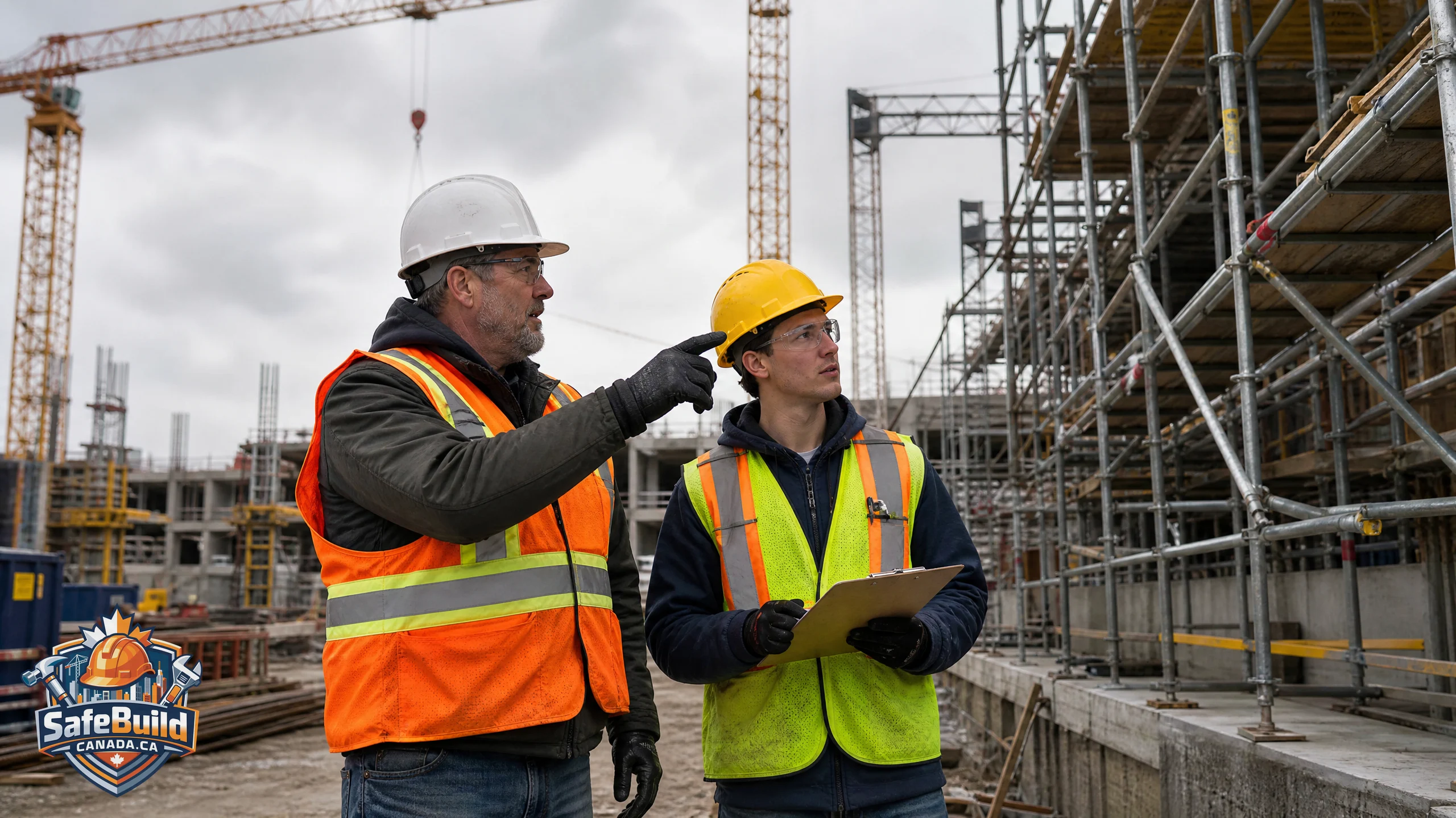Experienced Canadian construction supervisor training a new worker on a busy job site