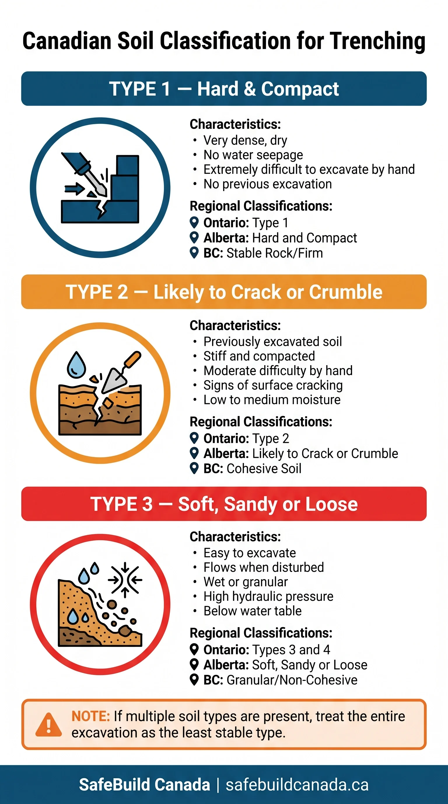 Canadian soil classifications for trenching including hard and compact, likely to crack or crumble, and soft sandy or loose types across Ontario, Alberta, and BC.