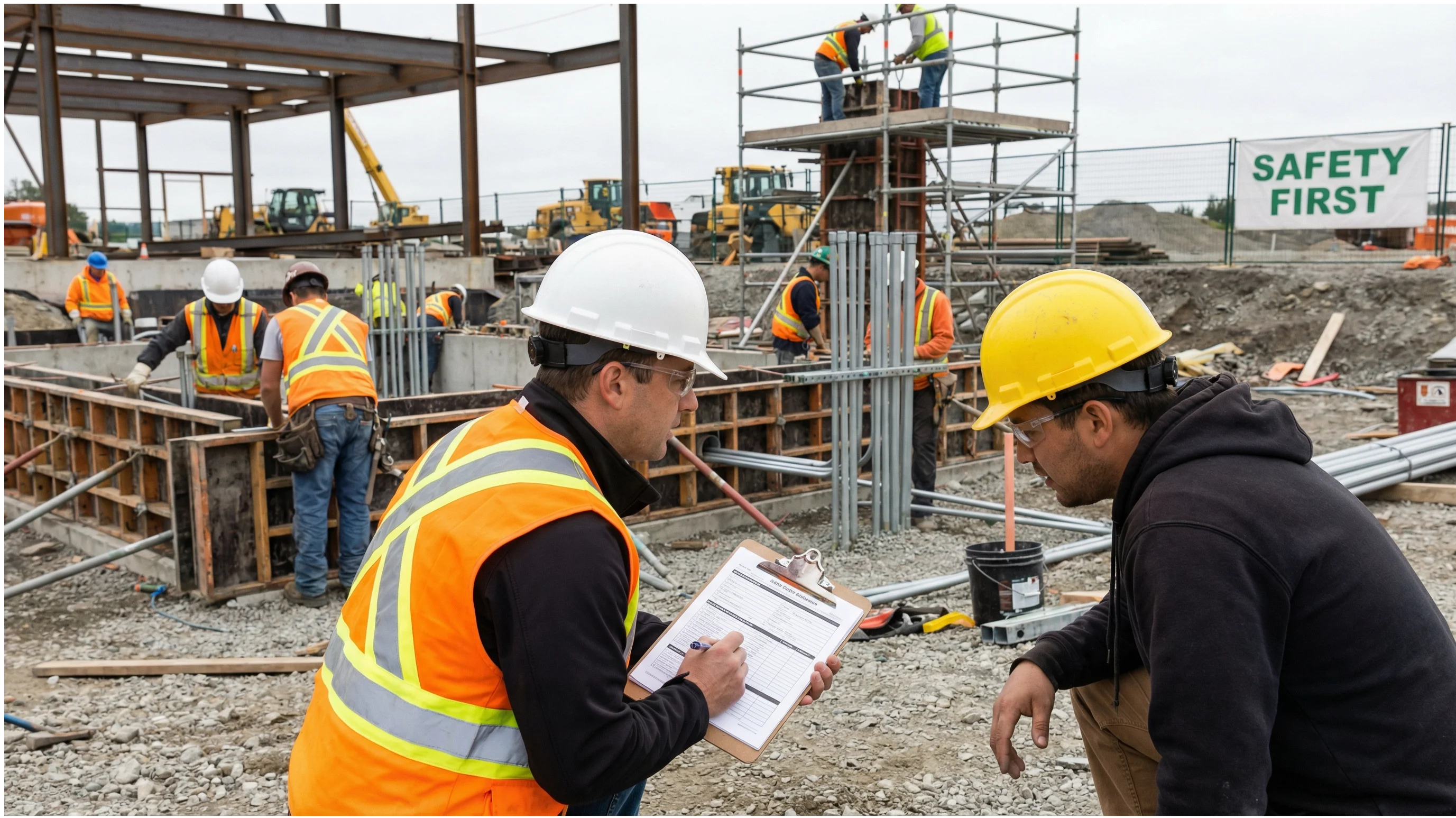Site supervisor reviewing safety documentation with a subcontractor crew lead at a Canadian multi-trade construction site