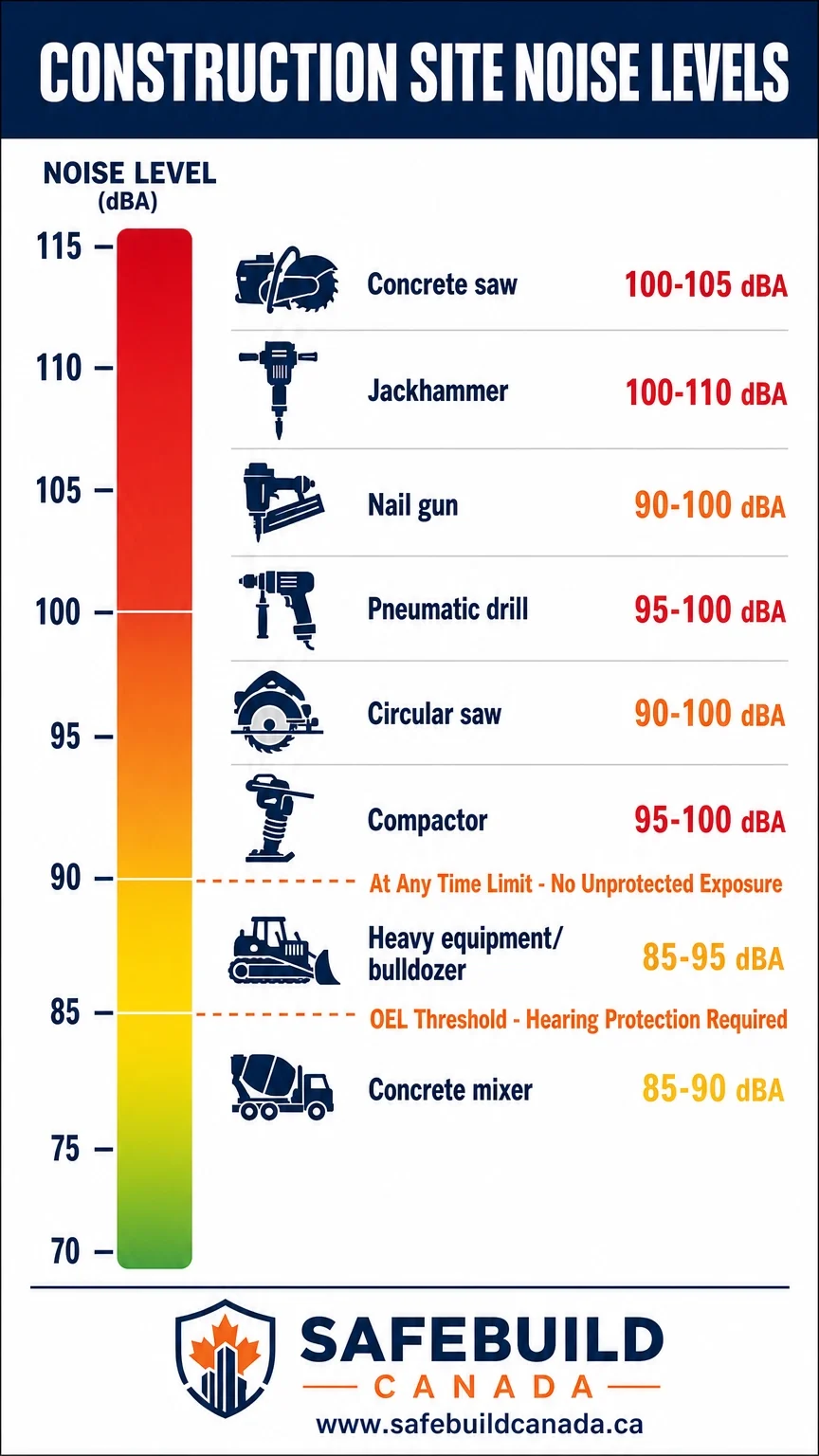 Noise level scale from 70 dBA to 115 dBA with common construction equipment and their corresponding noise levels.