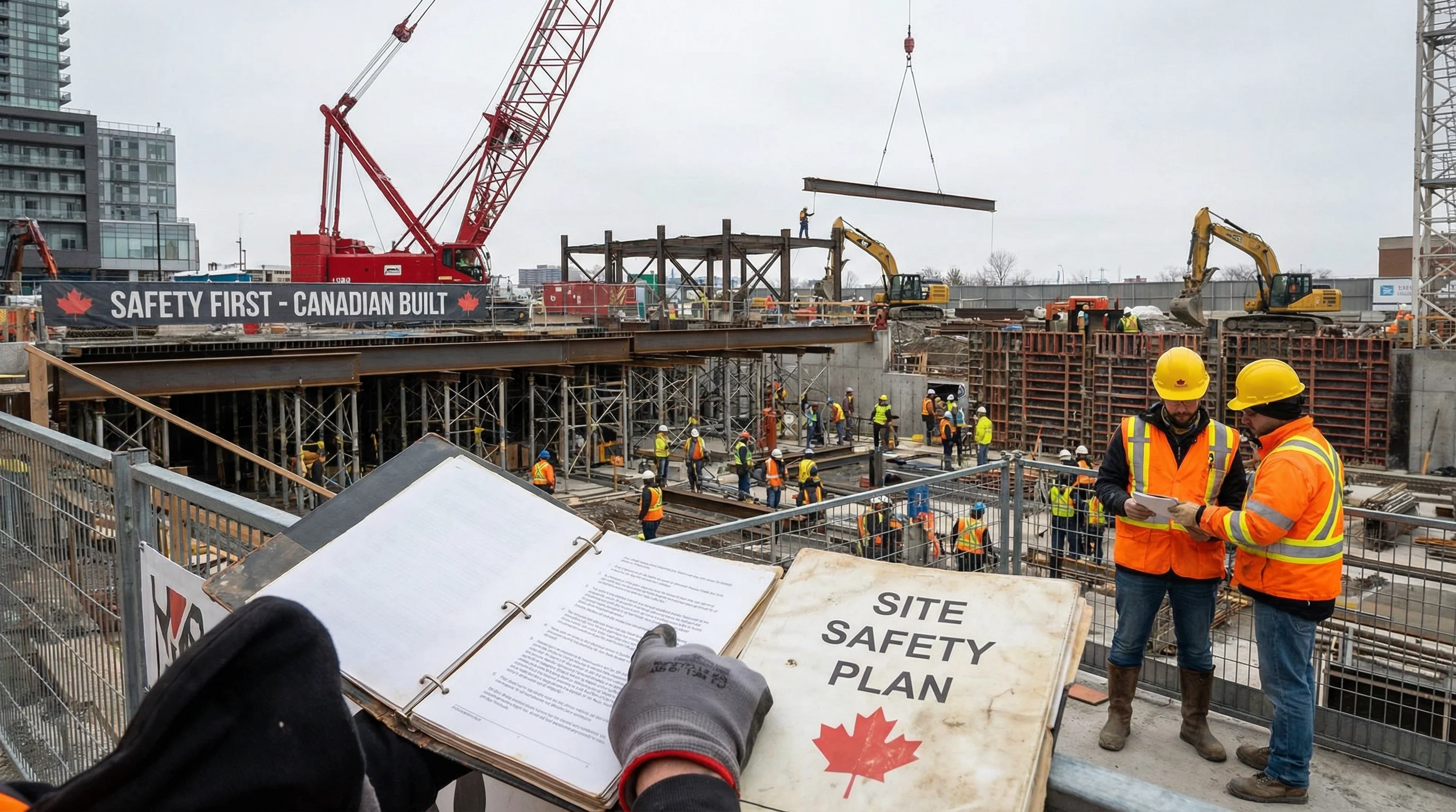 Site supervisor and general contractor reviewing a construction site safety plan binder at a large active Canadian construction project