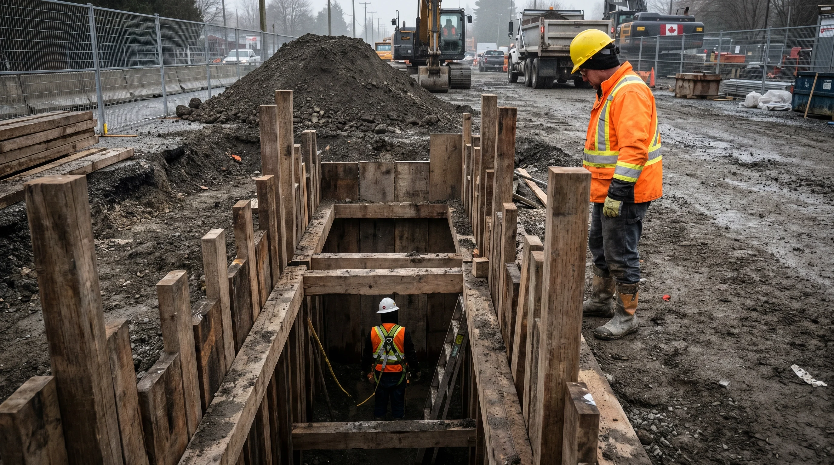 Construction worker in high-visibility gear inspecting a deep timber-shored trench on a Canadian construction site.