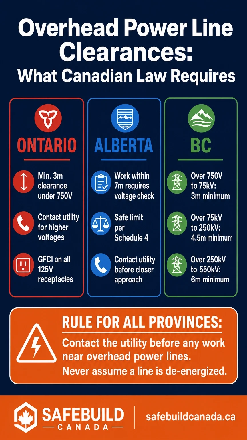 Overhead power line clearance requirements for Ontario, Alberta, and BC construction sites.