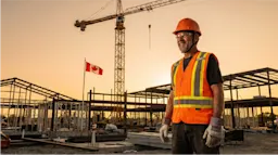 Canadian construction worker in orange hi-vis vest and hard hat on a job site at sunset with Canadian flag and tower crane