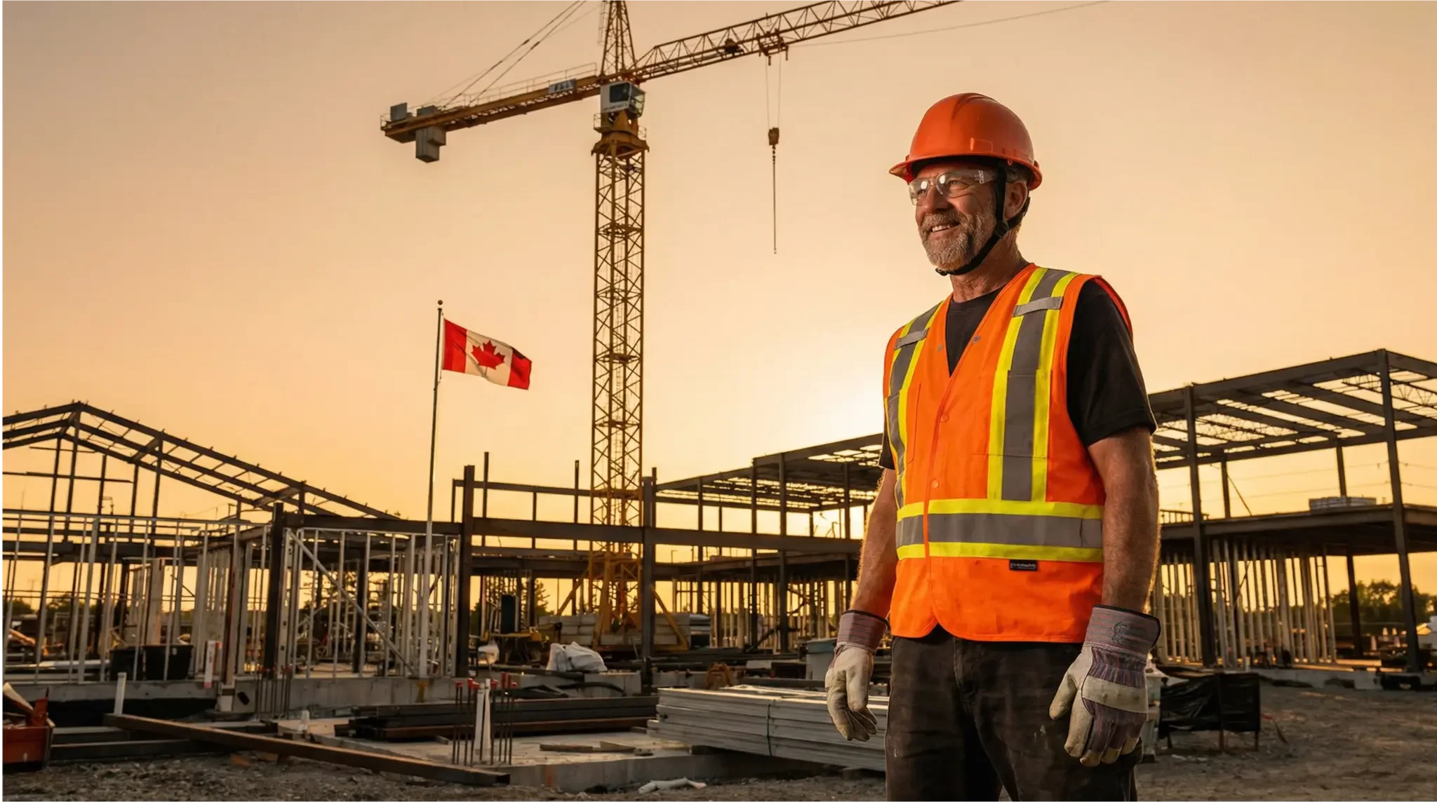 Canadian construction worker in orange hi-vis vest and hard hat on a job site at sunset with Canadian flag and tower crane