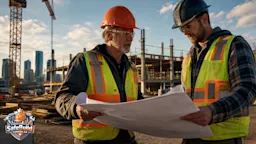 Experienced older Canadian construction worker reviewing blueprints with a younger worker on an active construction site