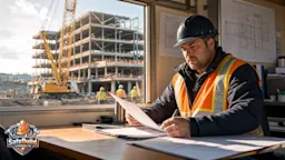 Construction site superintendent reviewing WSIB and WCB claims paperwork at a desk with an active building site visible through the window.
