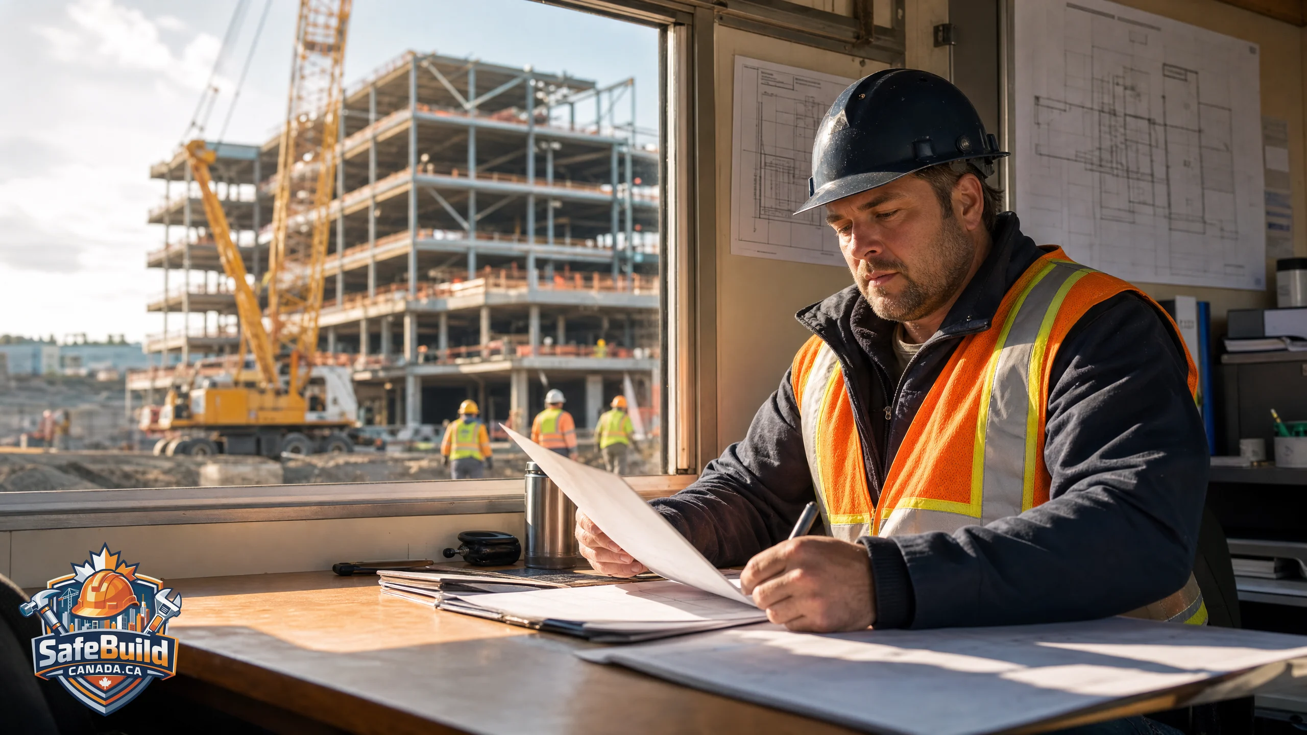 Construction site superintendent reviewing WSIB and WCB claims paperwork at a desk with an active building site visible through the window.