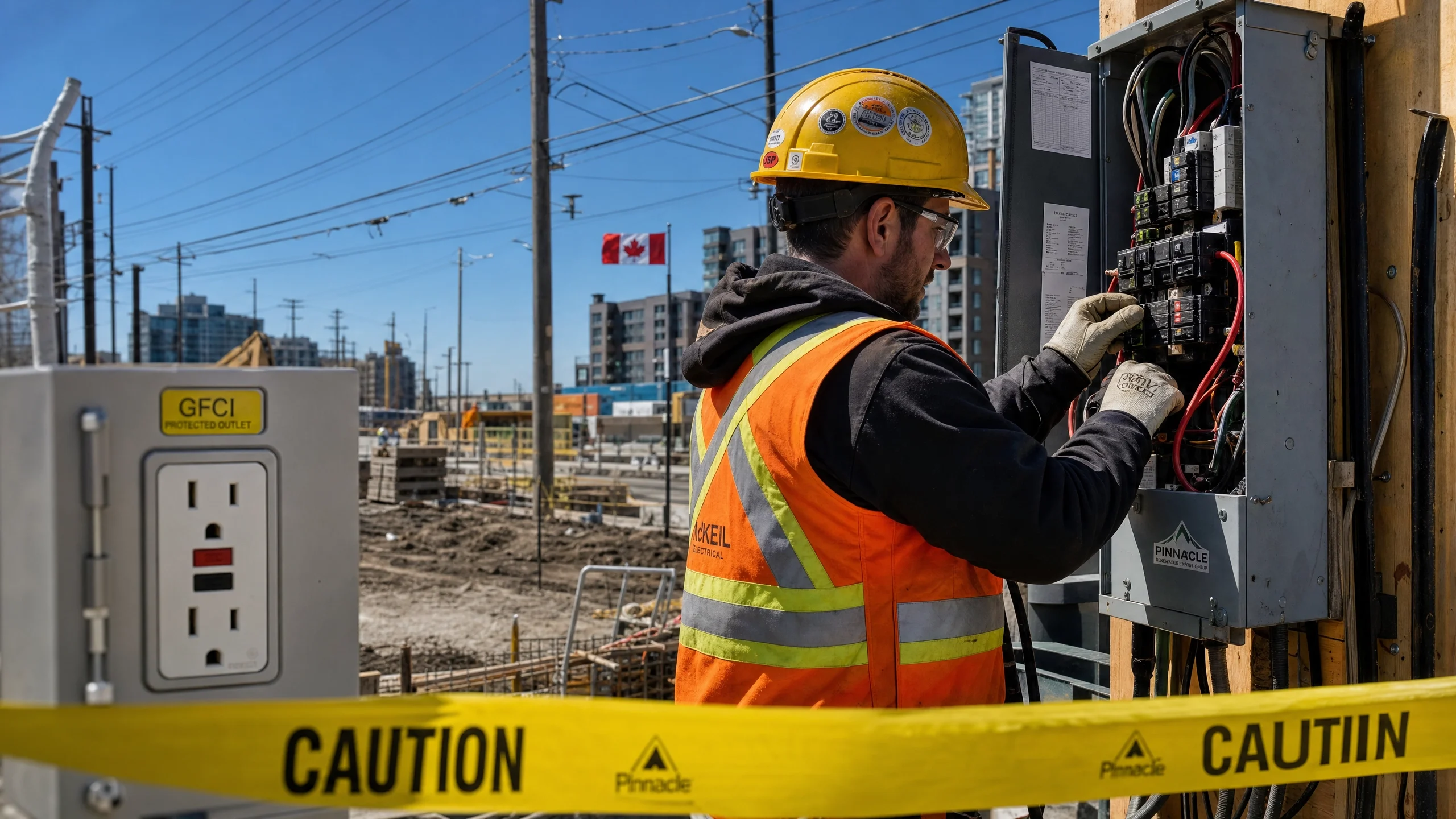 Construction worker in orange PPE working near an electrical panel on a Canadian construction site.
