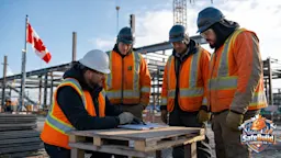 A Canadian construction site foreman reviewing a pre-task planning form with three workers on an active site, SafeBuild Canada