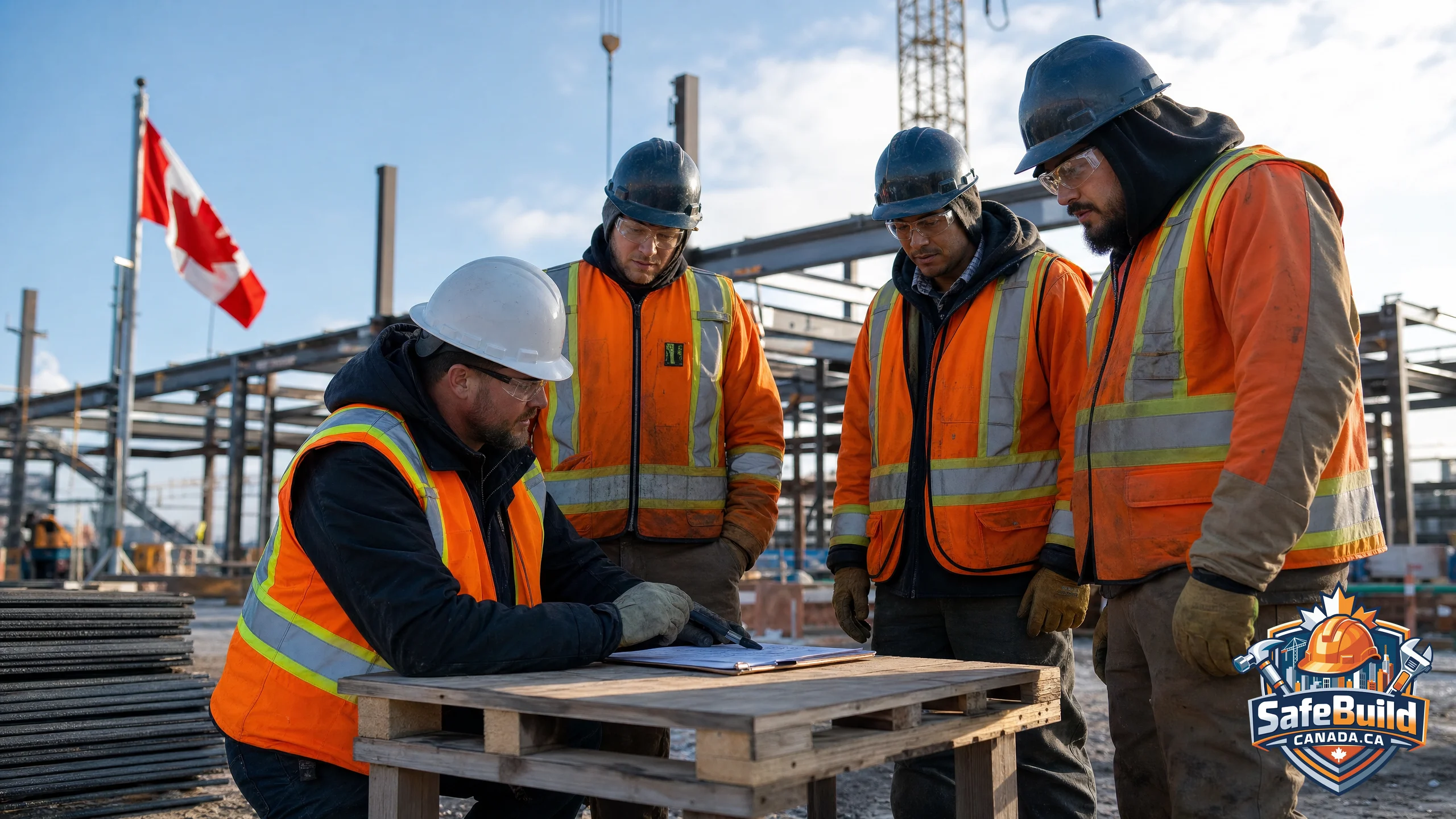 A Canadian construction site foreman reviewing a pre-task planning form with three workers on an active site, SafeBuild Canada