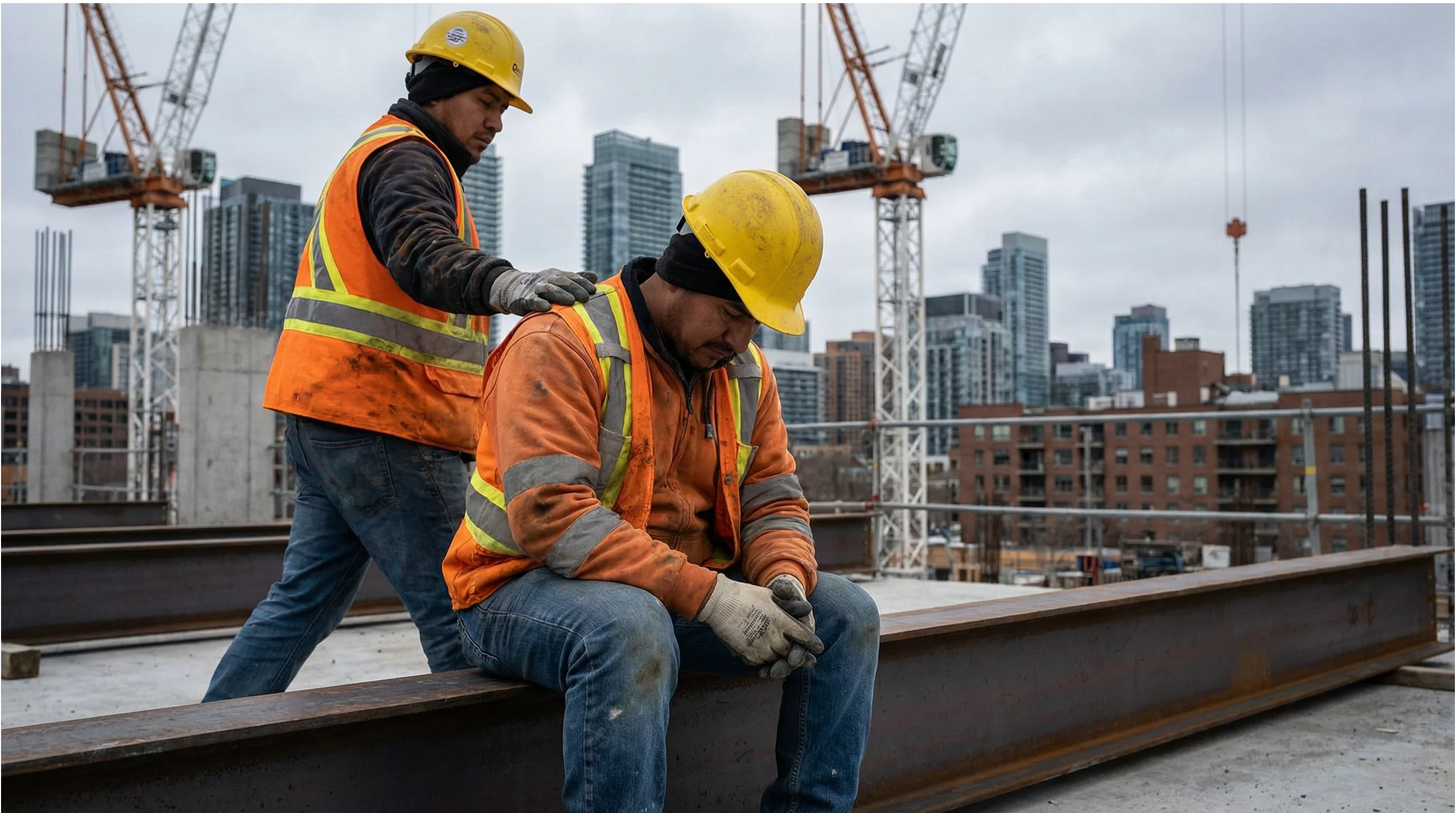 A construction worker in a bright orange high-visibility vest and yellow hard hat sitting alone on a steel beam at a Canadian construction site, head slightly bowed, hands clasped, conveying quiet exhaustion and emotional weight. A second worker in the background approaches with a hand on his shoulder in a gesture of support.