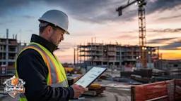 A Canadian construction site supervisor reviewing safety statistics on a tablet with a blurred active construction site in the background.