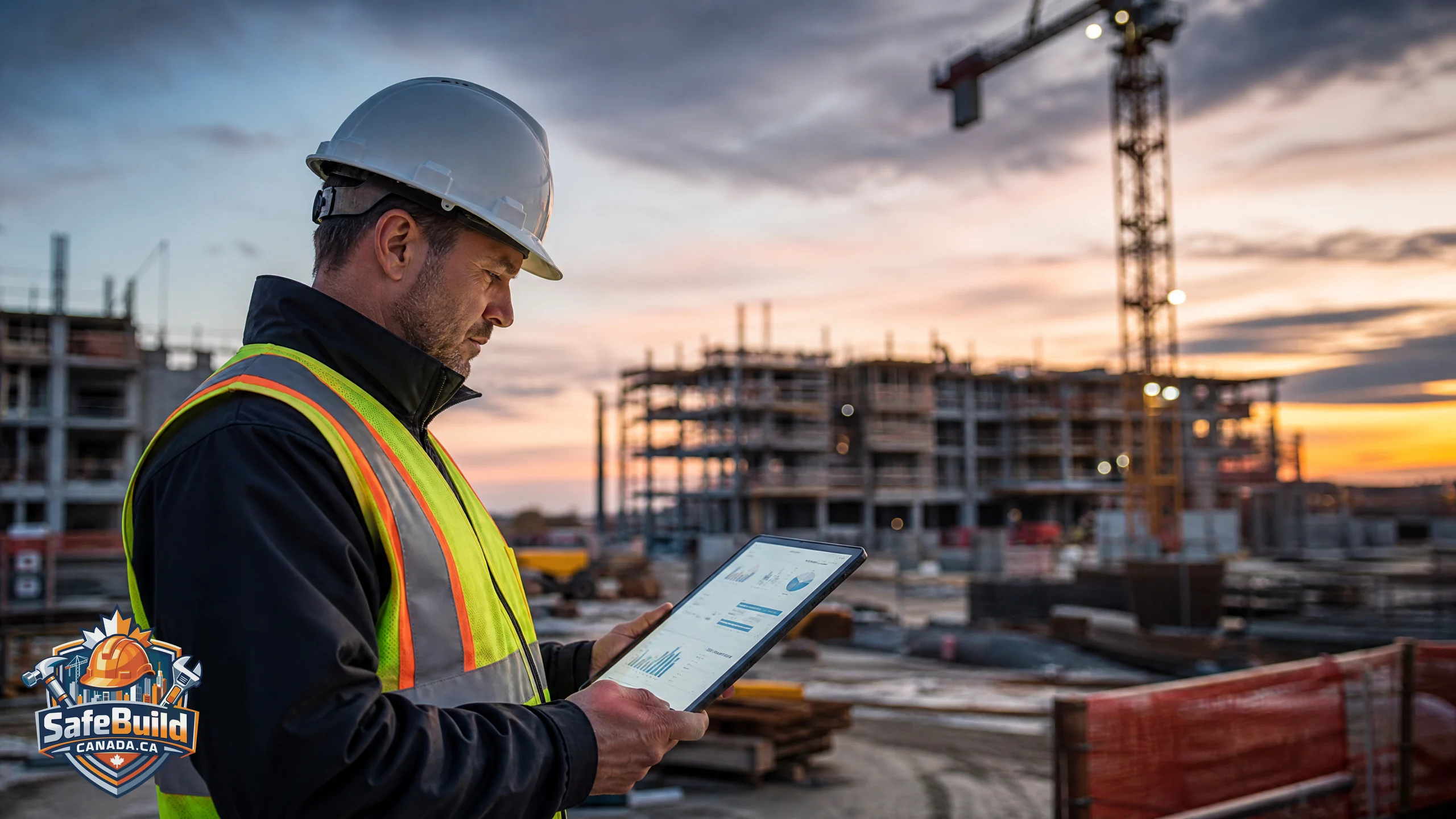 A Canadian construction site supervisor reviewing safety statistics on a tablet with a blurred active construction site in the background.