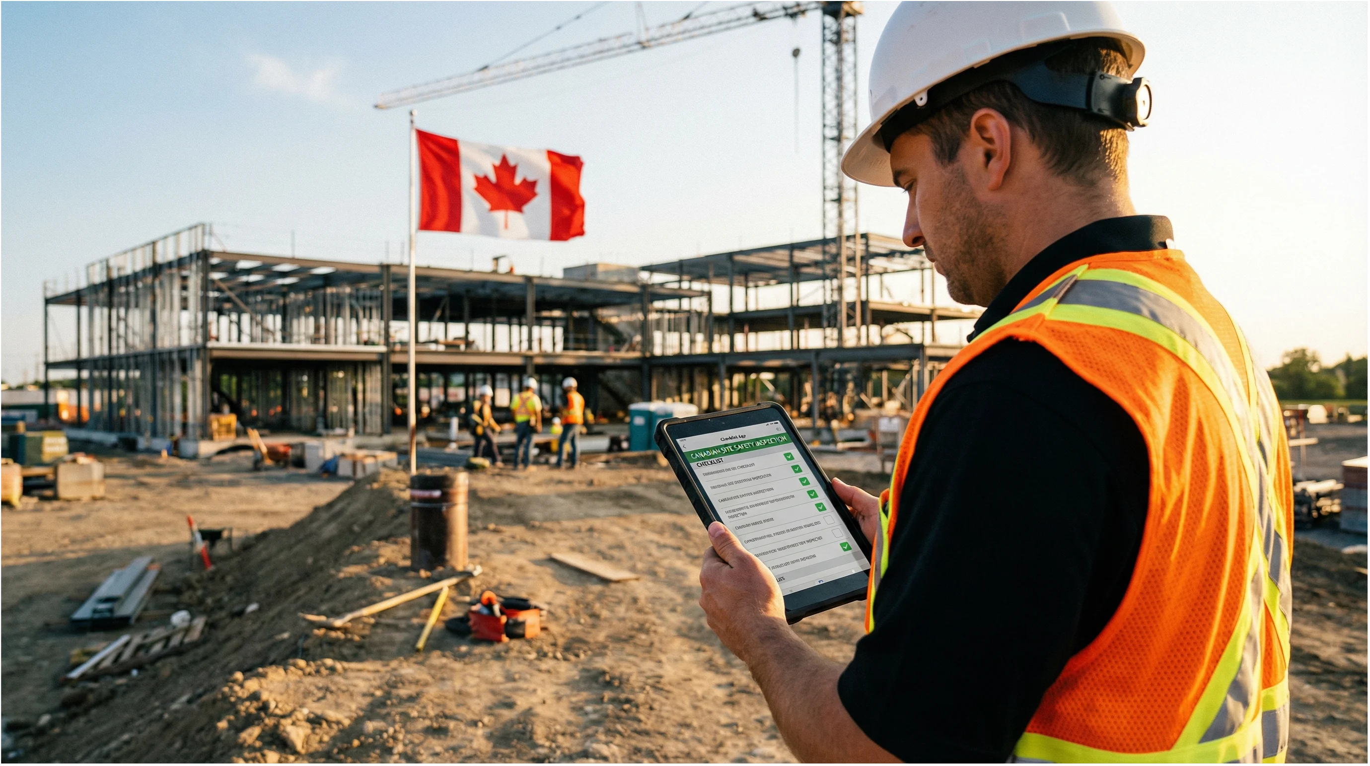 Canadian construction safety officer reviewing a digital inspection checklist on a tablet at an active construction site with a Canadian flag and tower crane in the background