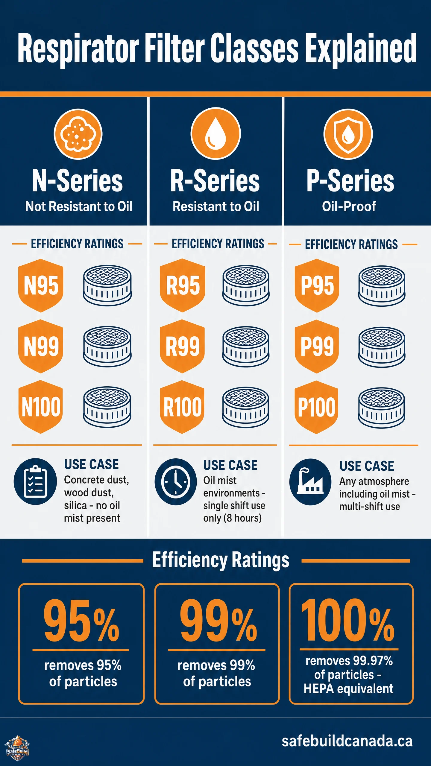N, R, and P series respirator filter classes and efficiency ratings (95, 99, 100) explained for Canadian construction sites - SafeBuild Canada
