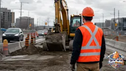 A Canadian construction site worker wearing a bright fluorescent orange-red Class 3 CSA Z96 high-visibility vest with silver retroreflective tape stripes in an X pattern on the back and vertical stripes on the front.