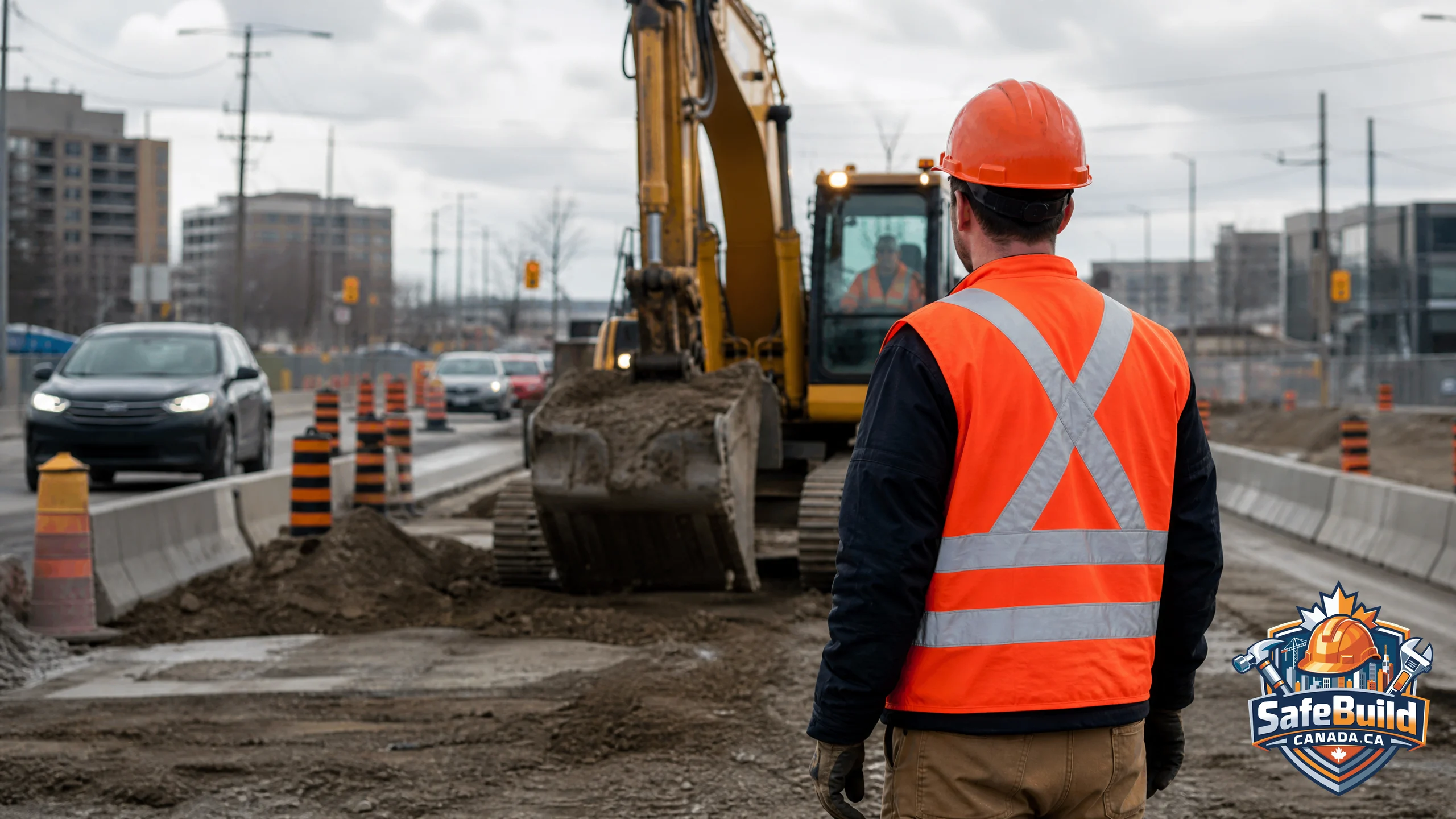 A Canadian construction site worker wearing a bright fluorescent orange-red Class 3 CSA Z96 high-visibility vest with silver retroreflective tape stripes in an X pattern on the back and vertical stripes on the front.