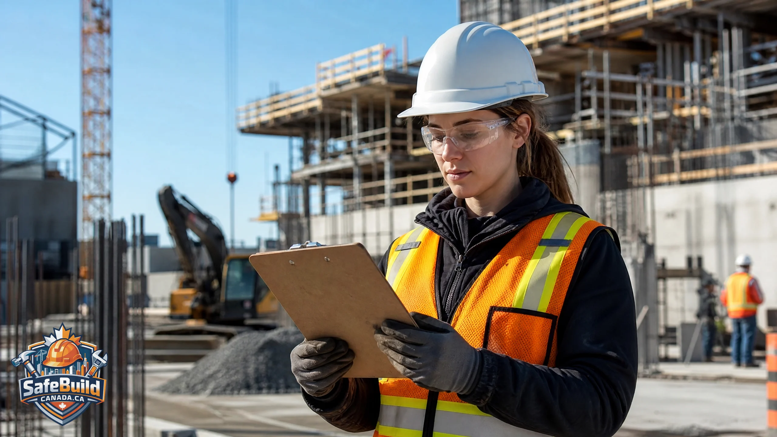 A female construction worker wearing properly fitted safety gear on a Canadian job site.