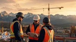 : Construction supervisor reviewing documents with workers on an Alberta site with mountains in the background.