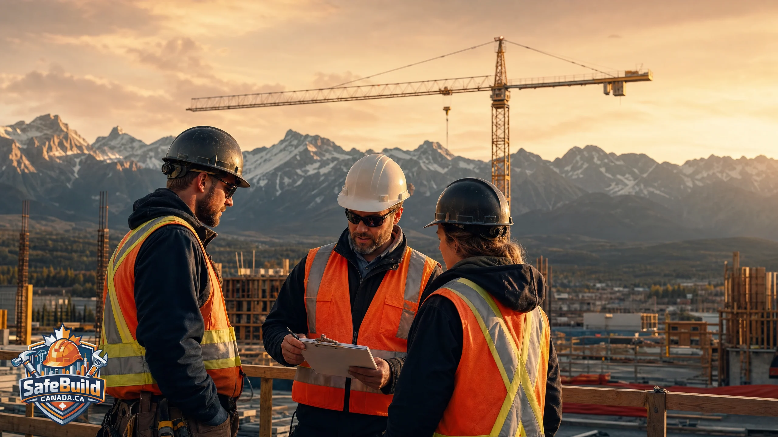 : Construction supervisor reviewing documents with workers on an Alberta site with mountains in the background.