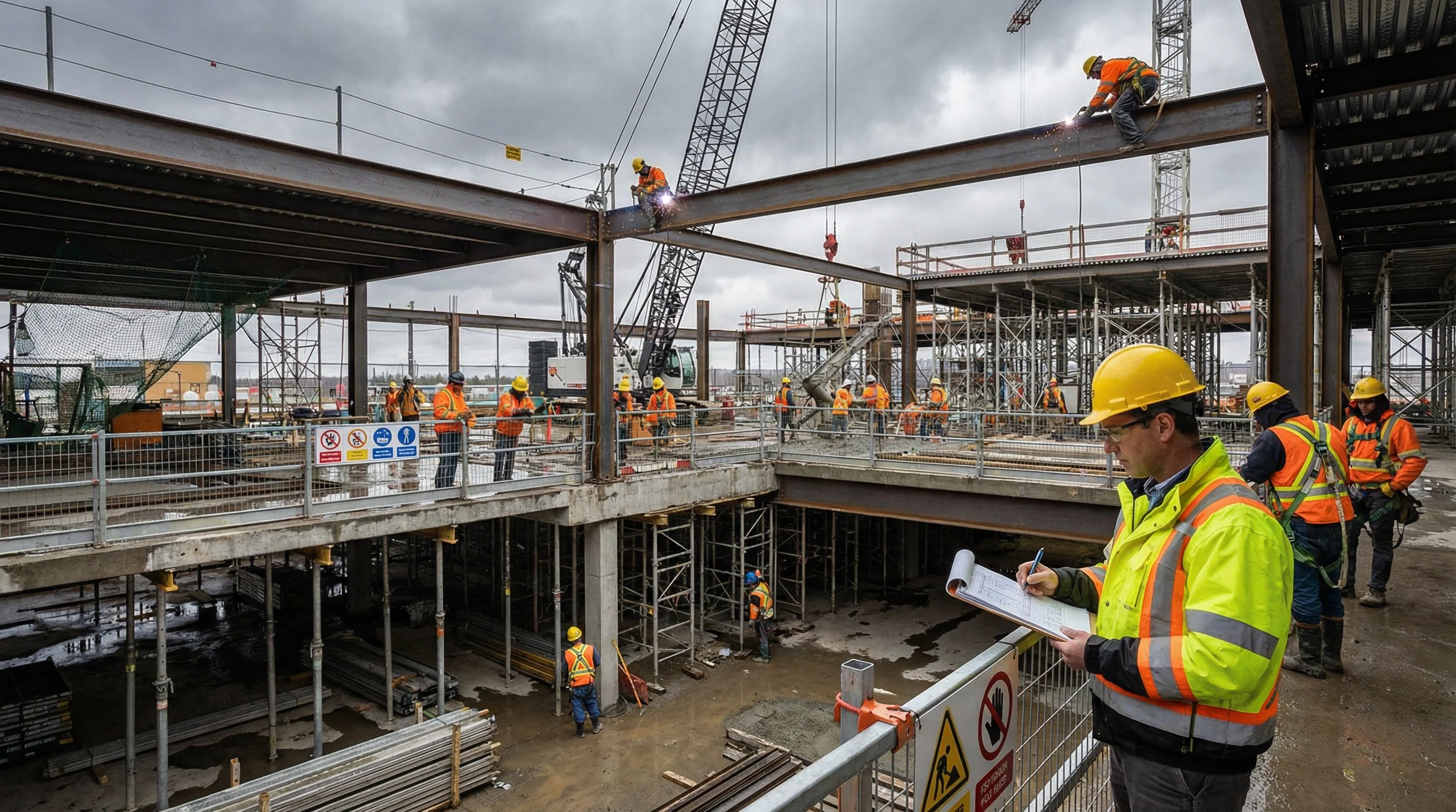 Site supervisor in high-vis vest reviewing safety documentation at a large active Canadian construction site with workers at elevation