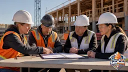 A Canadian construction site joint health and safety committee meeting scene. Four workers in high-visibility vests and hard hats, two wearing orange vests (worker representatives) and two in white vests (supervisors/management), seated around a folding table on an active construction site.