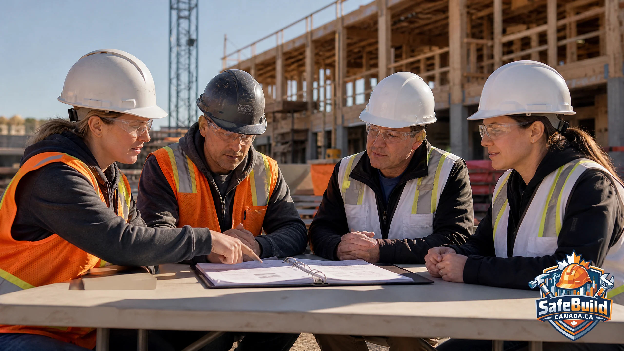 A Canadian construction site joint health and safety committee meeting scene. Four workers in high-visibility vests and hard hats, two wearing orange vests (worker representatives) and two in white vests (supervisors/management), seated around a folding table on an active construction site.