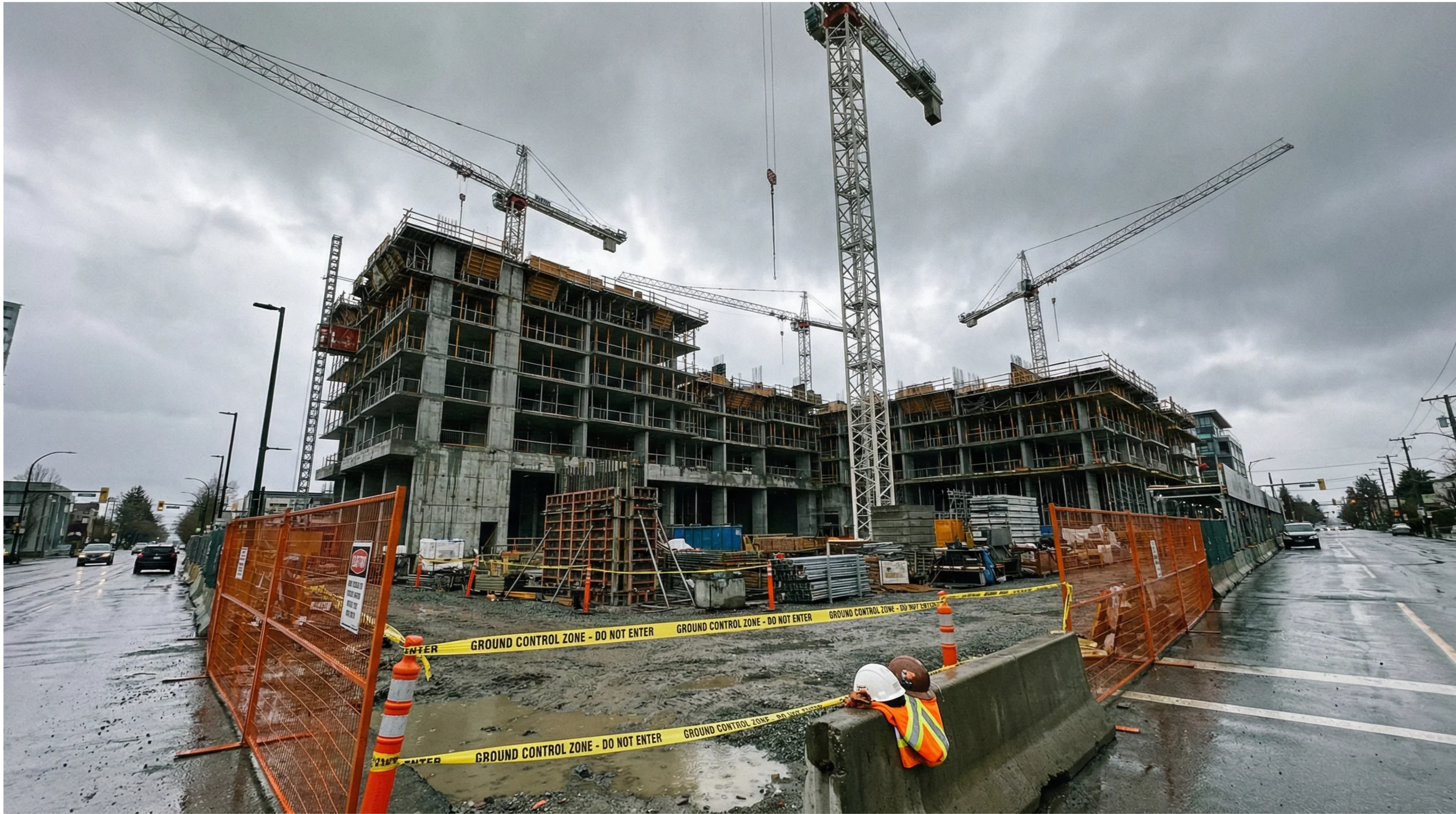 A construction site in Vancouver with ground control zone tape visible in the foreground. Photo: SafeBuild Canada