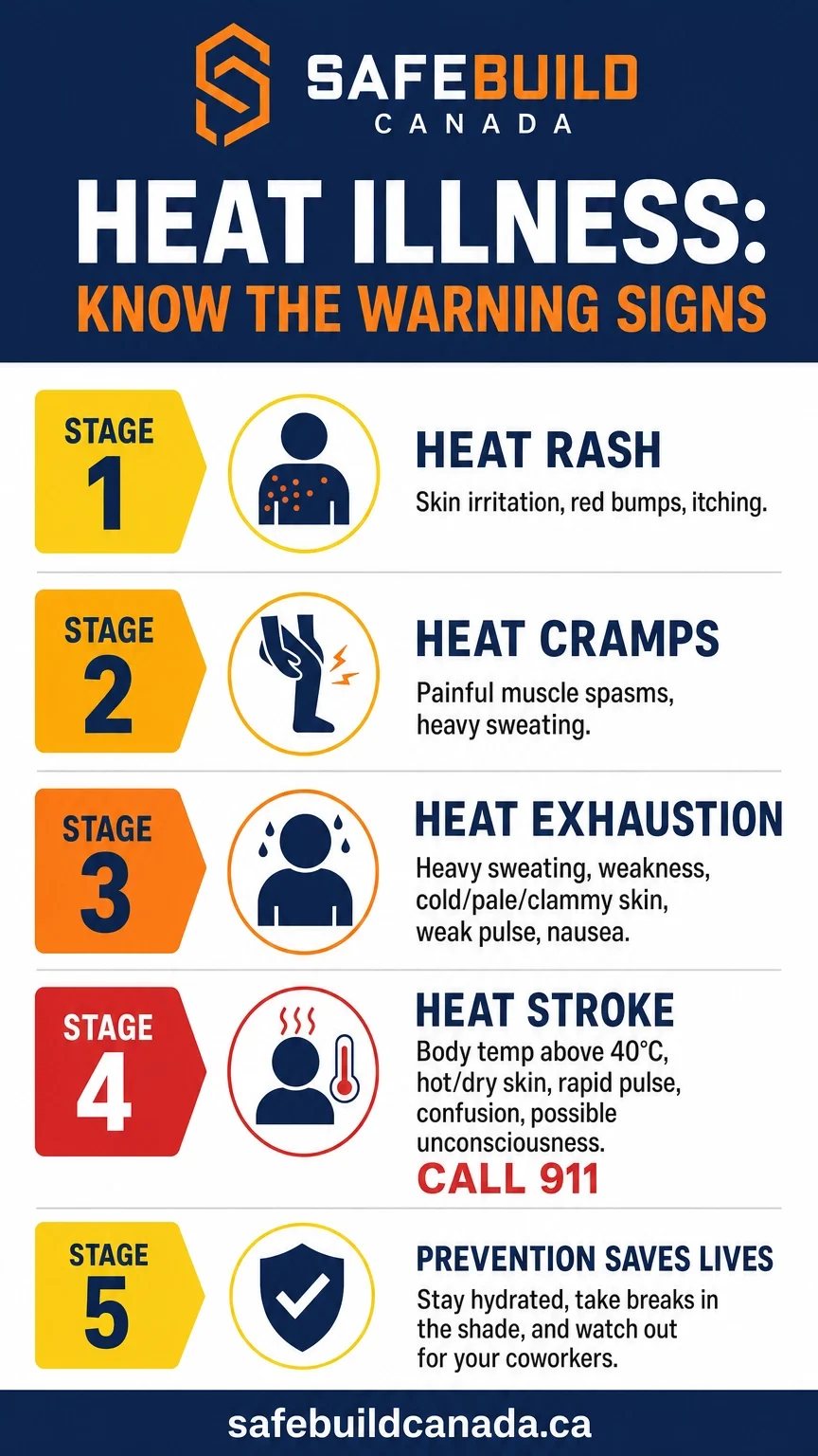 The five stages of heat illness: heat rash, heat cramps, heat exhaustion, heat stroke, and prevention.