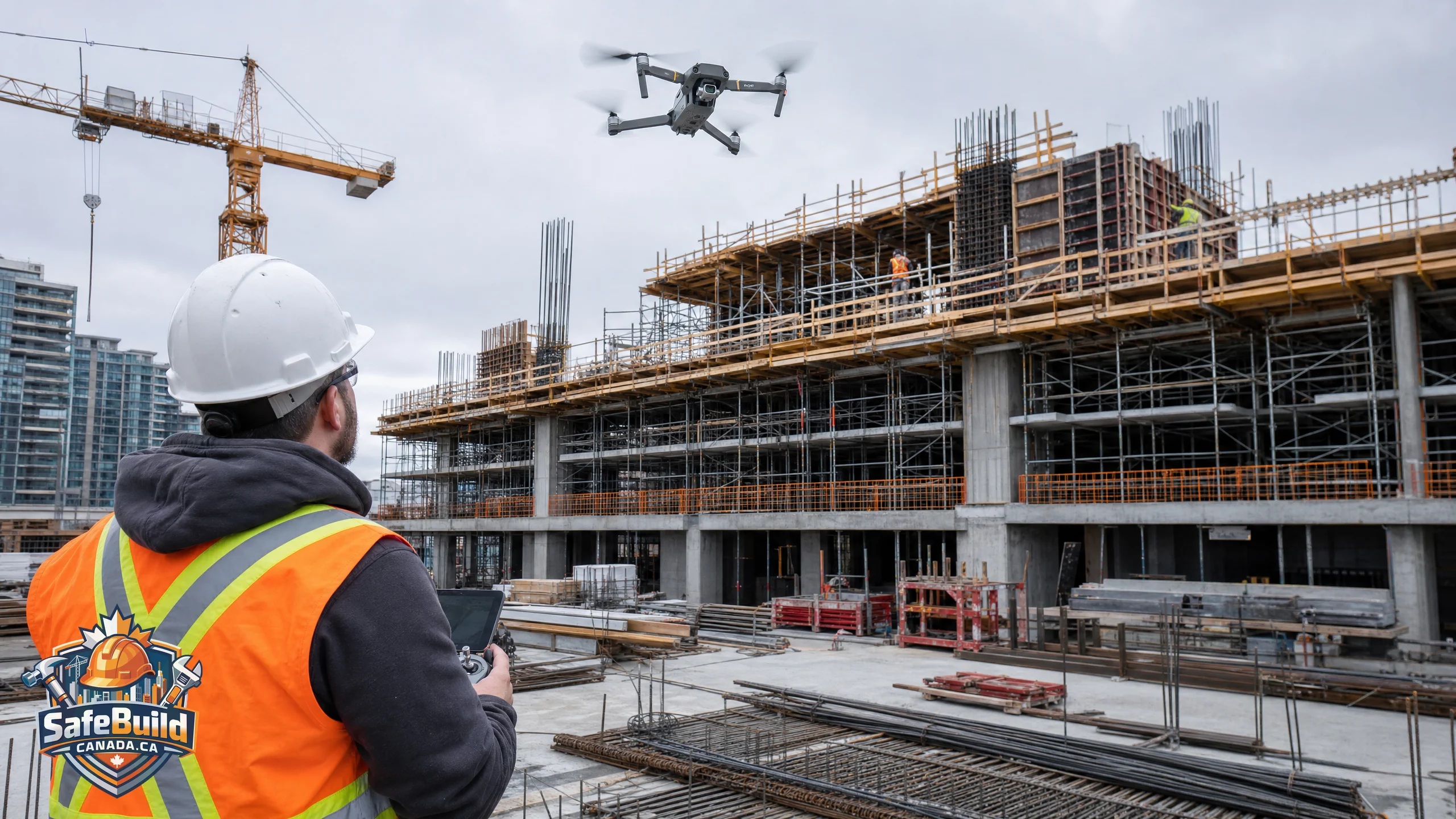 Construction worker in hi-vis vest operating a drone over an active Canadian construction site for a safety inspection