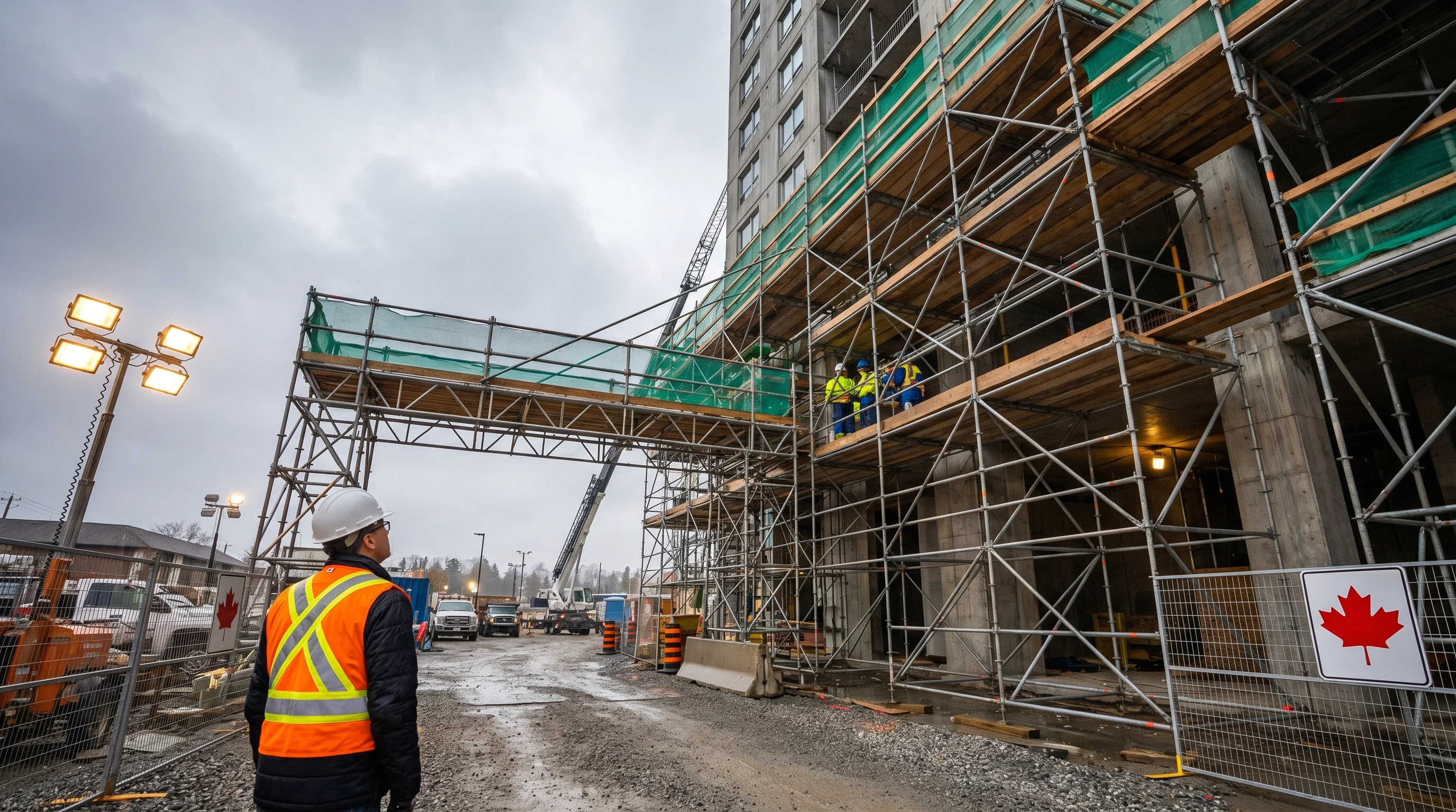 Site supervisor in high-visibility vest inspecting a large tubular steel scaffold system on a Canadian construction site.