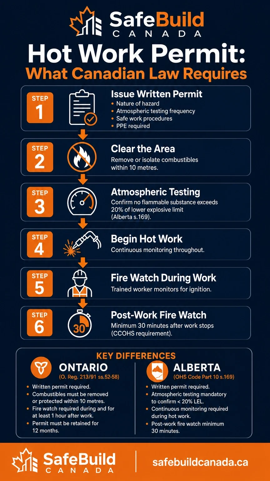 Hot Work Permit: What Canadian Law Requires showing the 6 steps of a hot work permit process and key differences between Ontario and Alberta regulations.