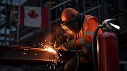 A construction worker in a bright orange high-visibility vest and hard hat using a welding torch on a steel beam at a Canadian construction site, dramatic orange and red sparks flying, fire extinguisher visible in the foreground.