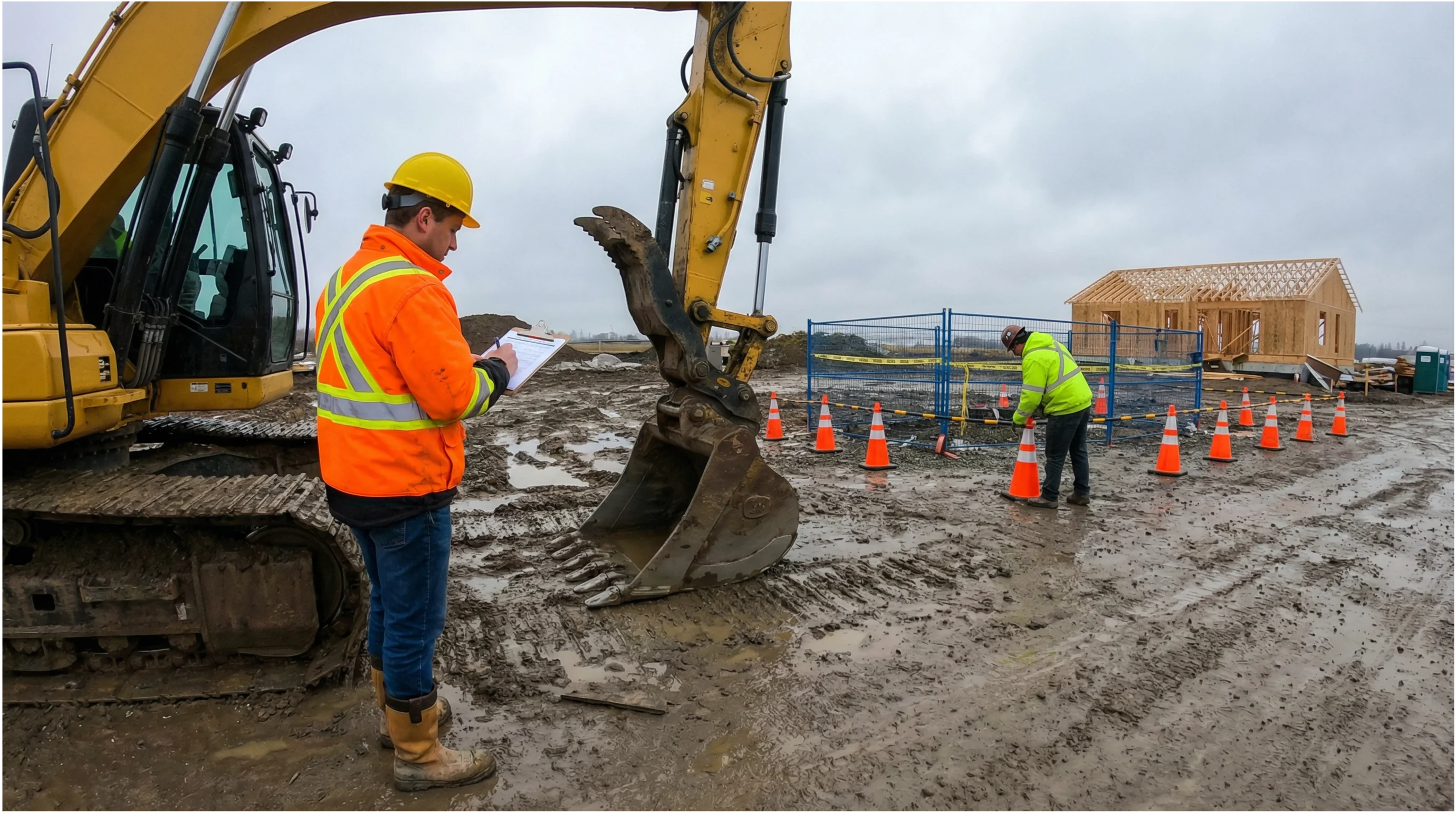 Construction safety officer reviewing pre-use inspection checklist beside a yellow excavator on a Canadian construction site.