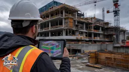 Construction manager reviewing 3D BIM model on tablet at active Canadian construction site