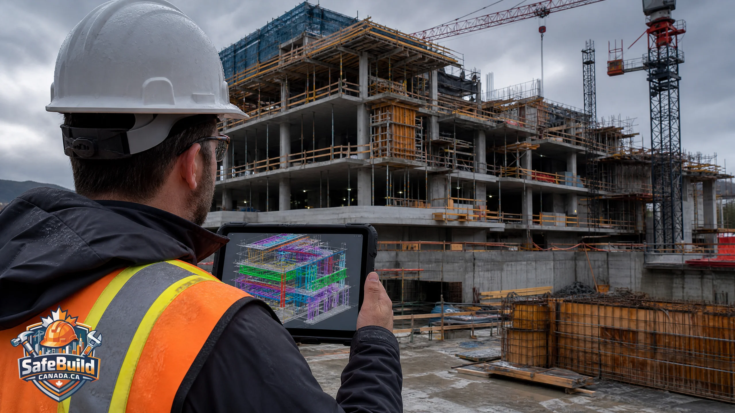 Construction manager reviewing 3D BIM model on tablet at active Canadian construction site