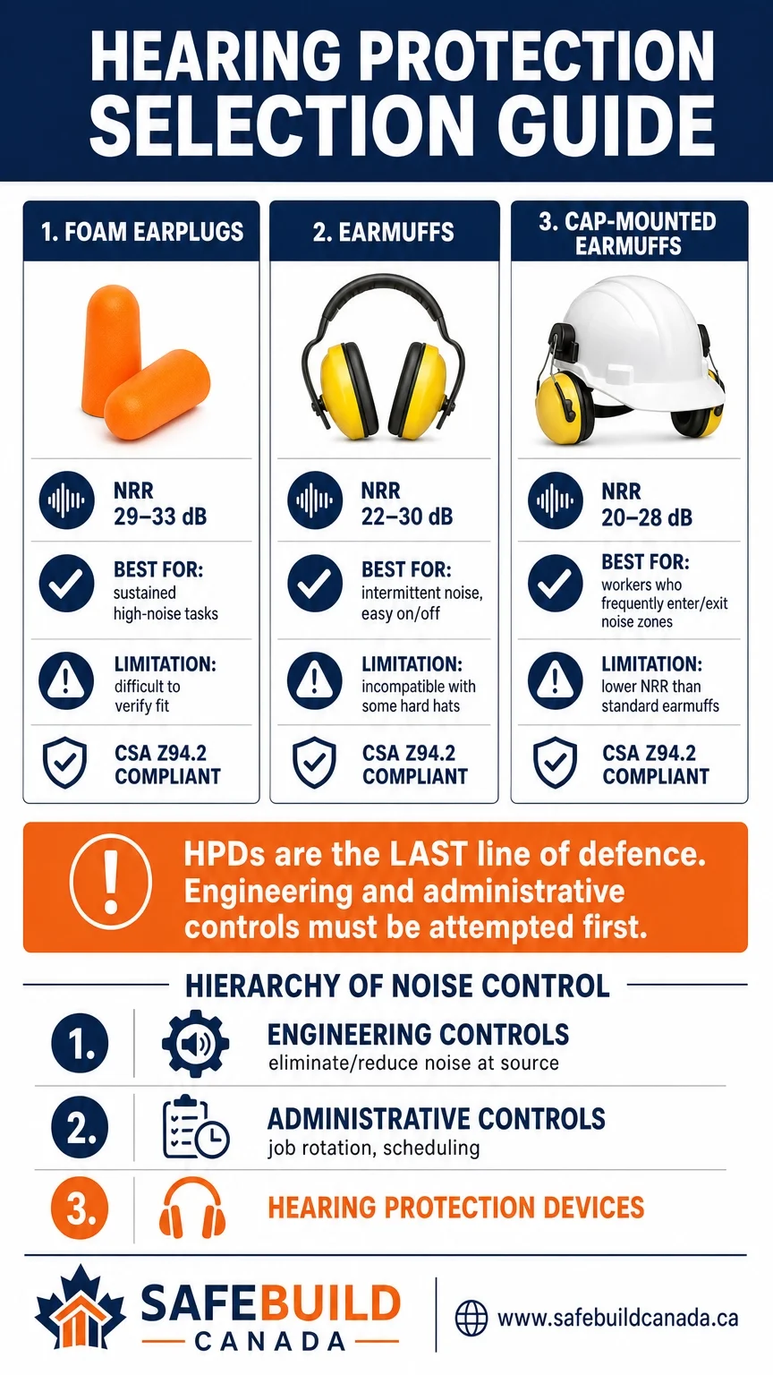 Comparing foam earplugs, earmuffs, and cap-mounted earmuffs, followed by the hierarchy of noise control.