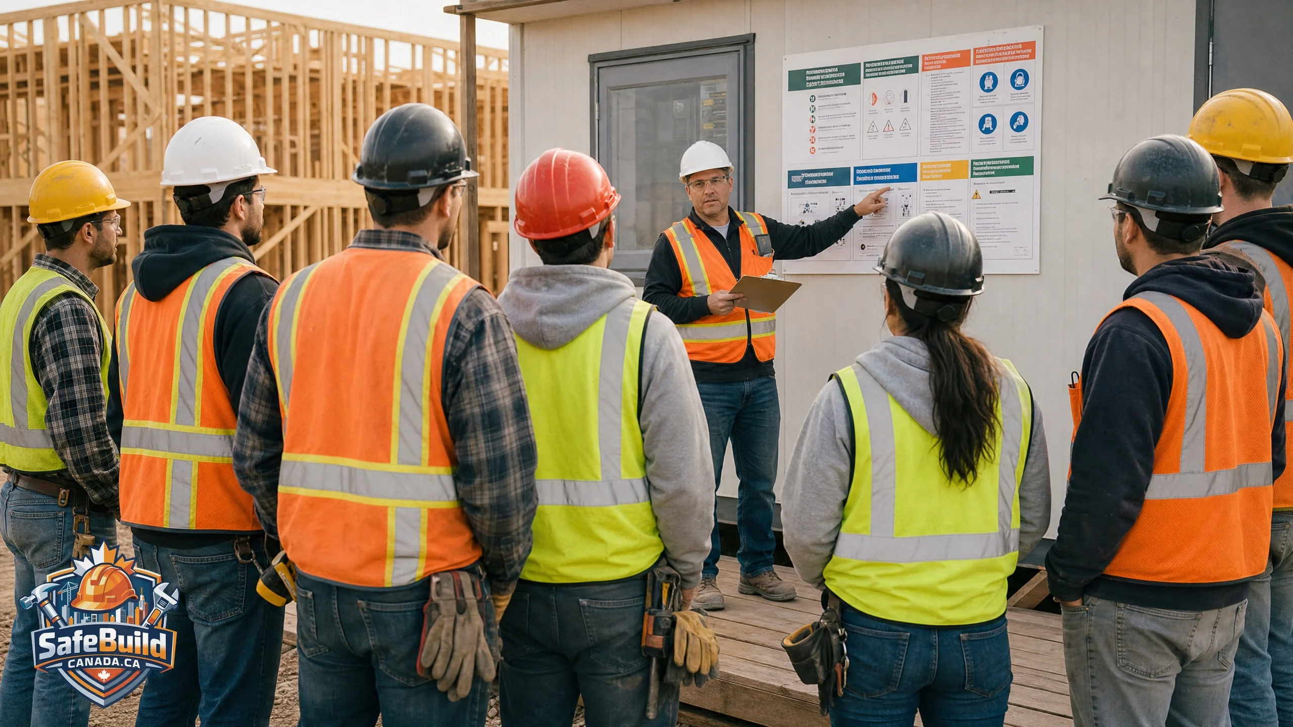 A Canadian construction site safety orientation session with a supervisor and new workers.