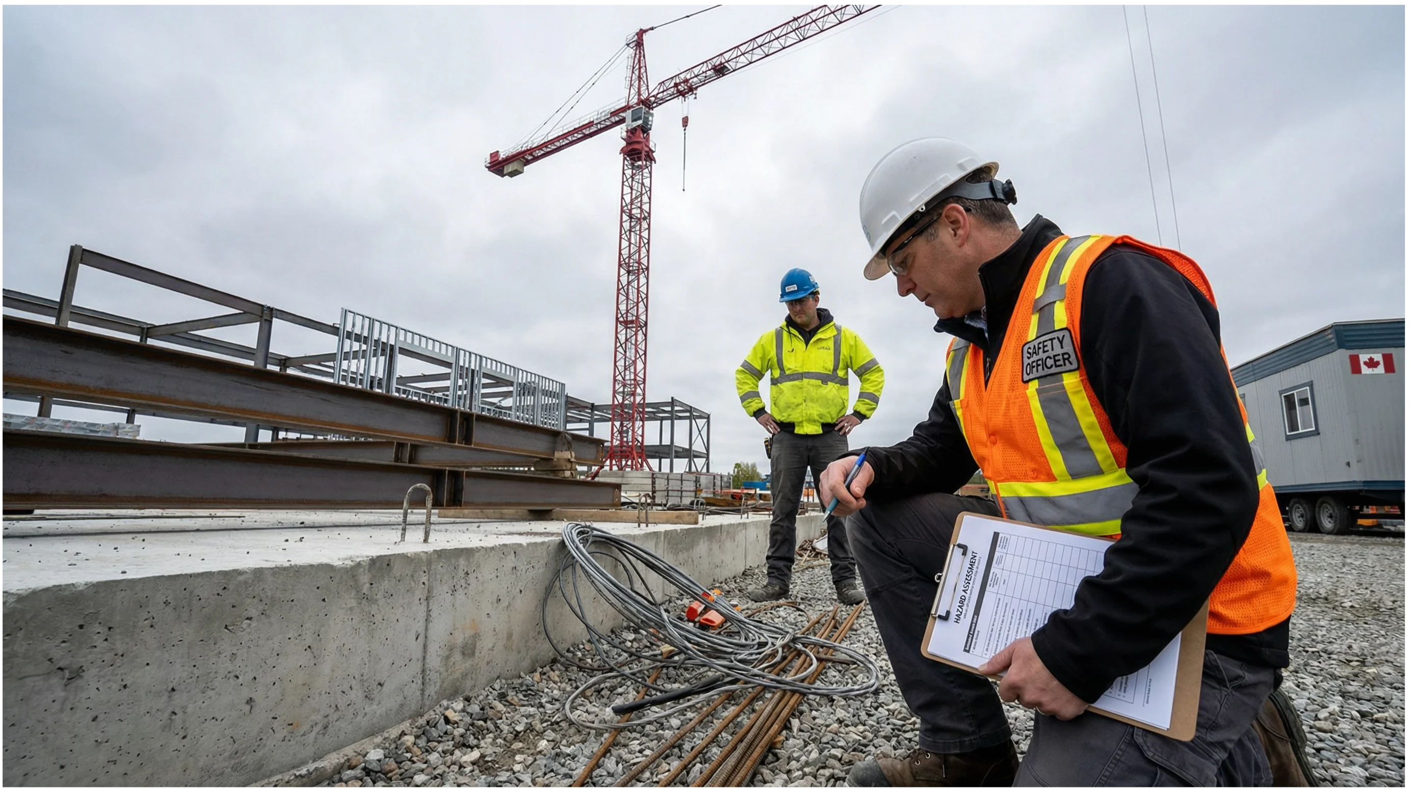 Canadian construction safety officer crouching to inspect a tripping hazard while completing a hazard assessment form on a clipboard, with a tower crane visible in the background