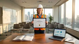 A Canadian construction safety professional in a hard hat and high-visibility vest holding a framed professional certification credential in a modern training room