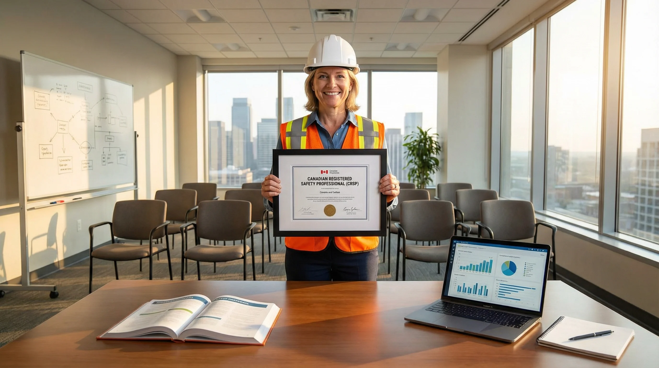 A Canadian construction safety professional in a hard hat and high-visibility vest holding a framed professional certification credential in a modern training room