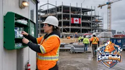 A certified first aid attendant in a bright orange high-visibility vest and white hard hat opens a large green first aid kit mounted on a construction site trailer.