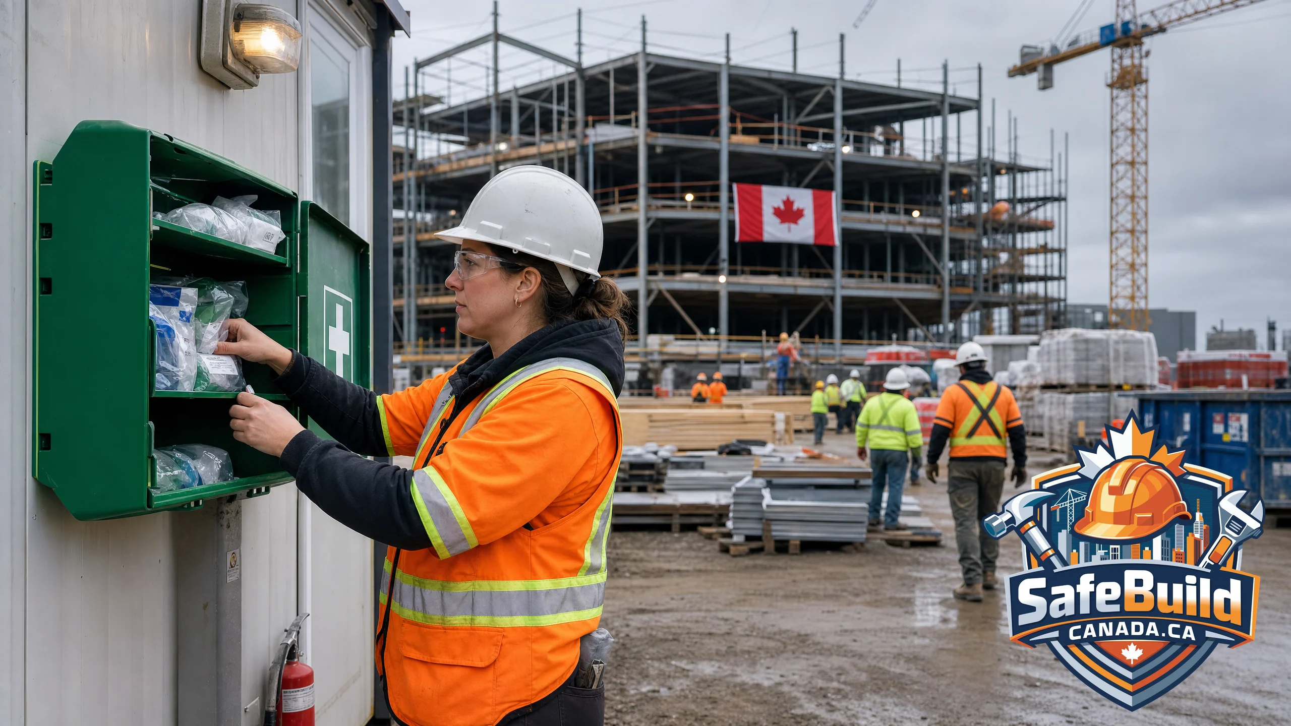 A certified first aid attendant in a bright orange high-visibility vest and white hard hat opens a large green first aid kit mounted on a construction site trailer.