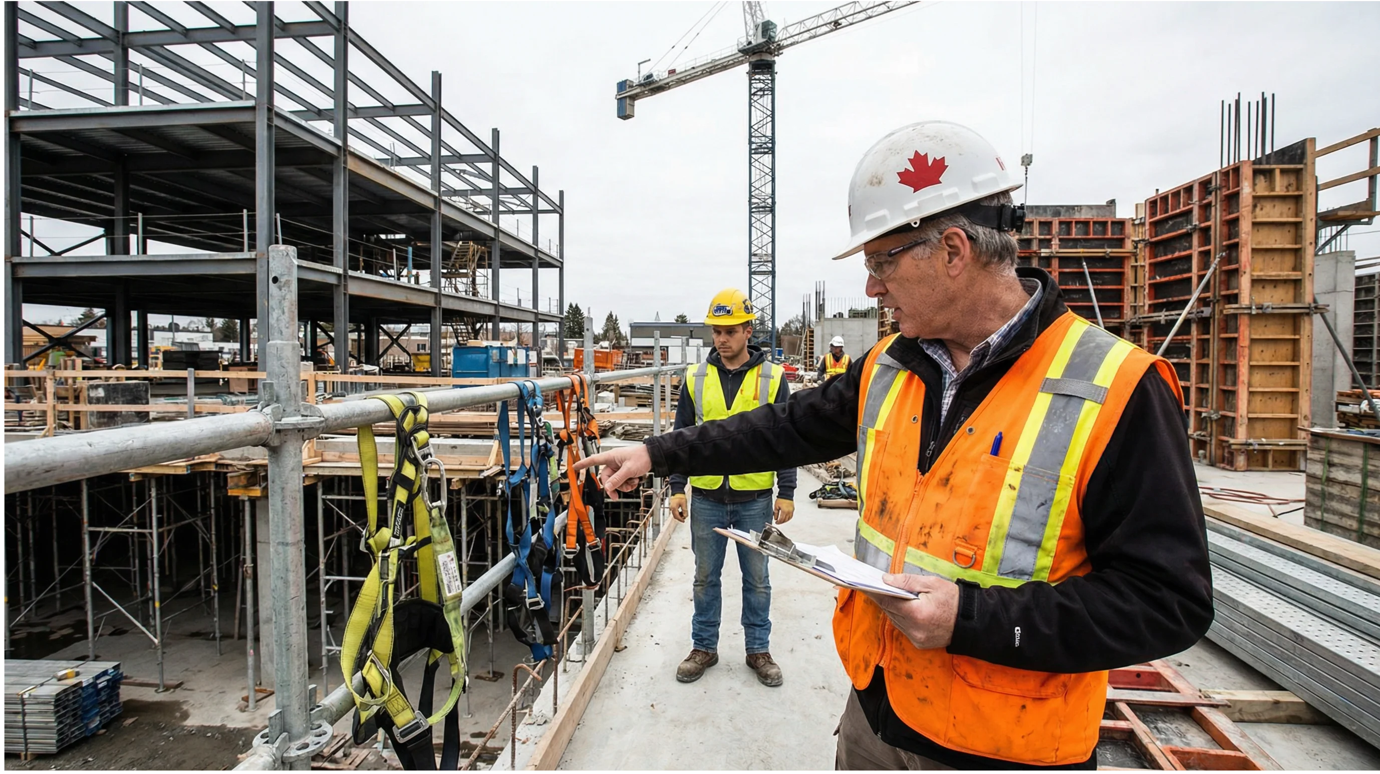Safety officer in orange hi-vis vest inspecting fall protection harnesses on a Canadian construction site with clipboard