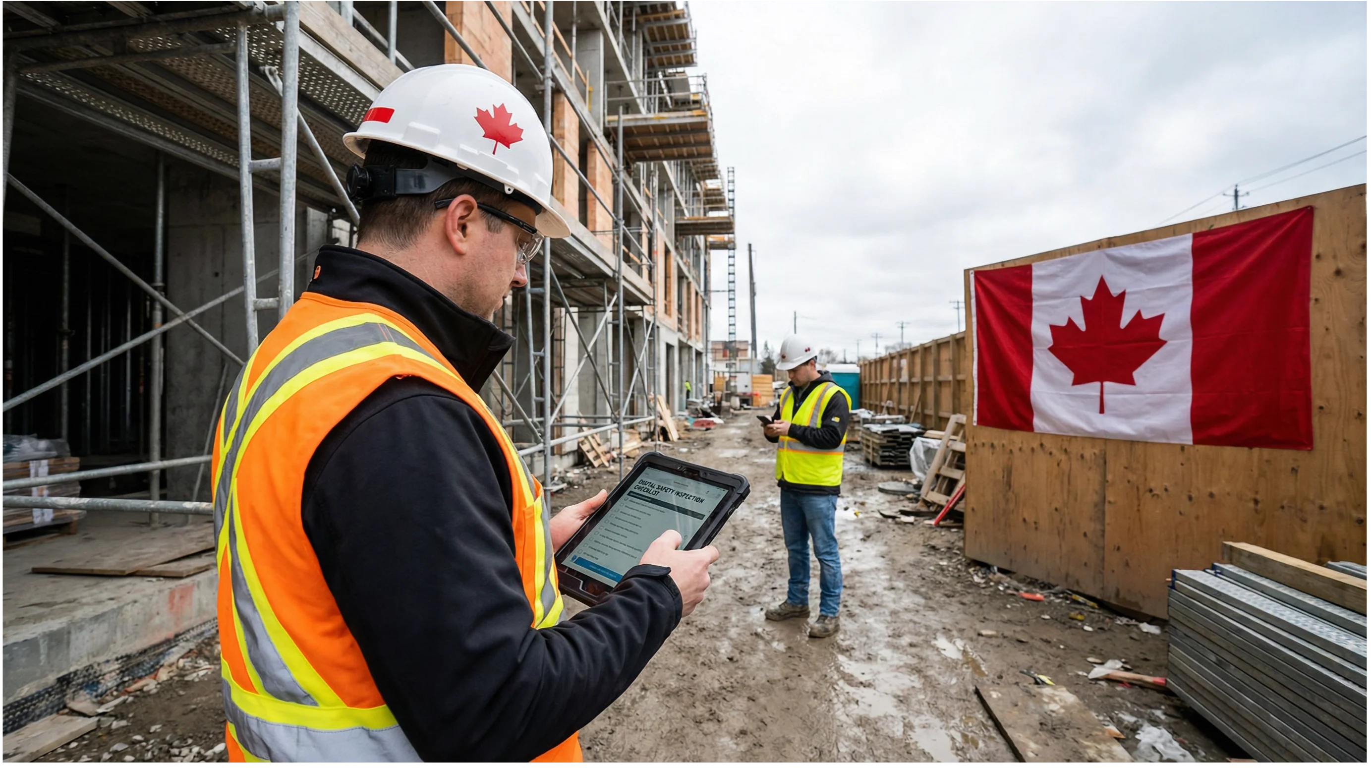 A professional wide-angle photograph of a Canadian construction safety officer in an orange hi-vis vest and white hard hat with a maple leaf logo, holding a rugged tablet displaying a digital safety inspection checklist on a construction site. The officer is standing near scaffolding on a mid-rise building project. A second worker in a yellow hi-vis vest is visible in the background reviewing the same checklist on a smartphone.