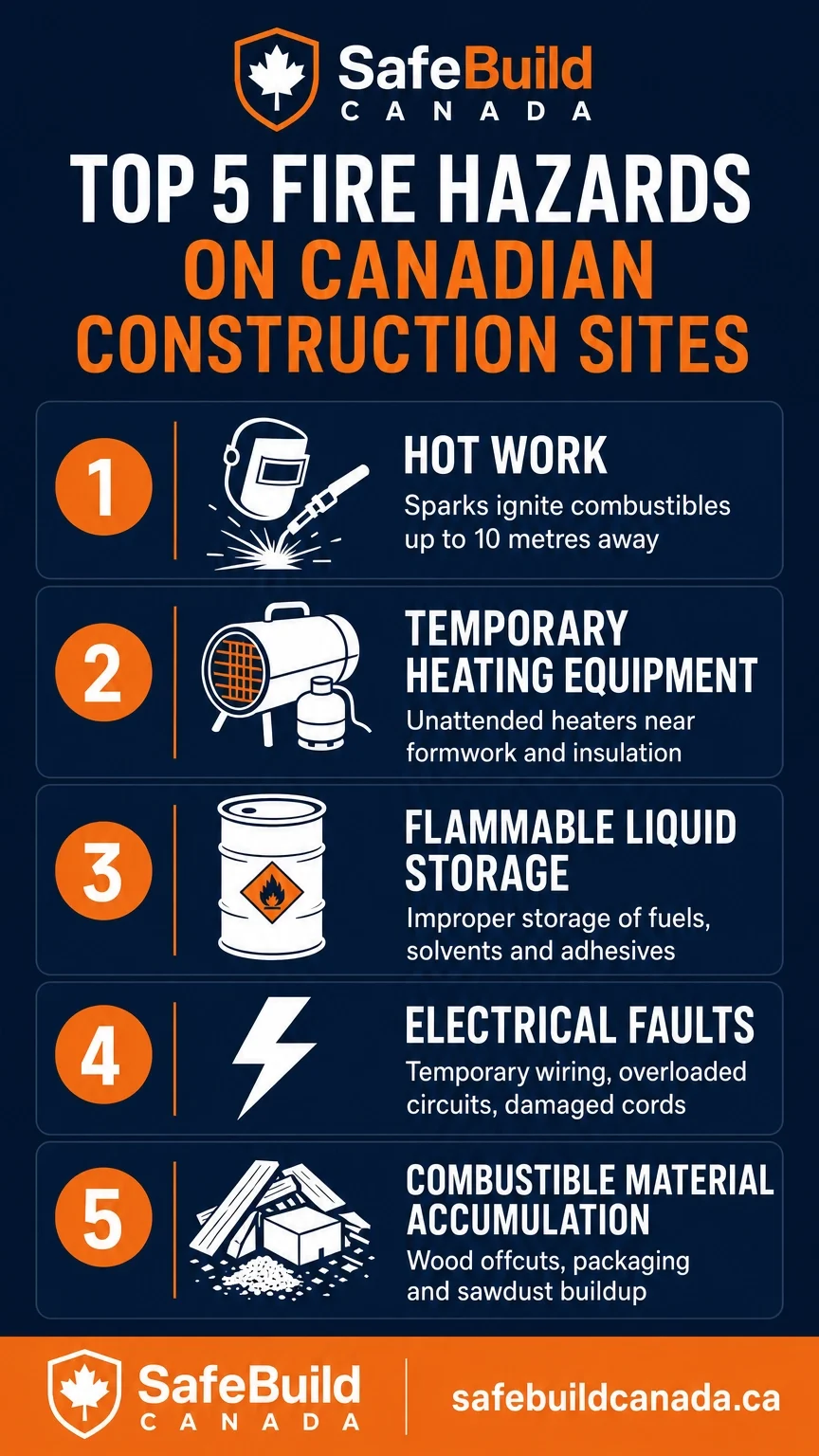 Top 5 Fire Hazards on Canadian Construction Sites showing hot work, temporary heating equipment, flammable liquid storage, electrical faults, and combustible material accumulation.