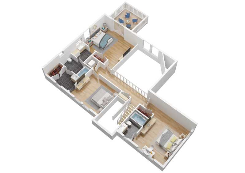 The 3D version of Up Dog's upper level floor plan.